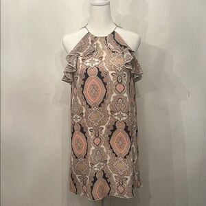BCBGeneration Pink, Black & Beige Paisley Ruffle Halter Tank